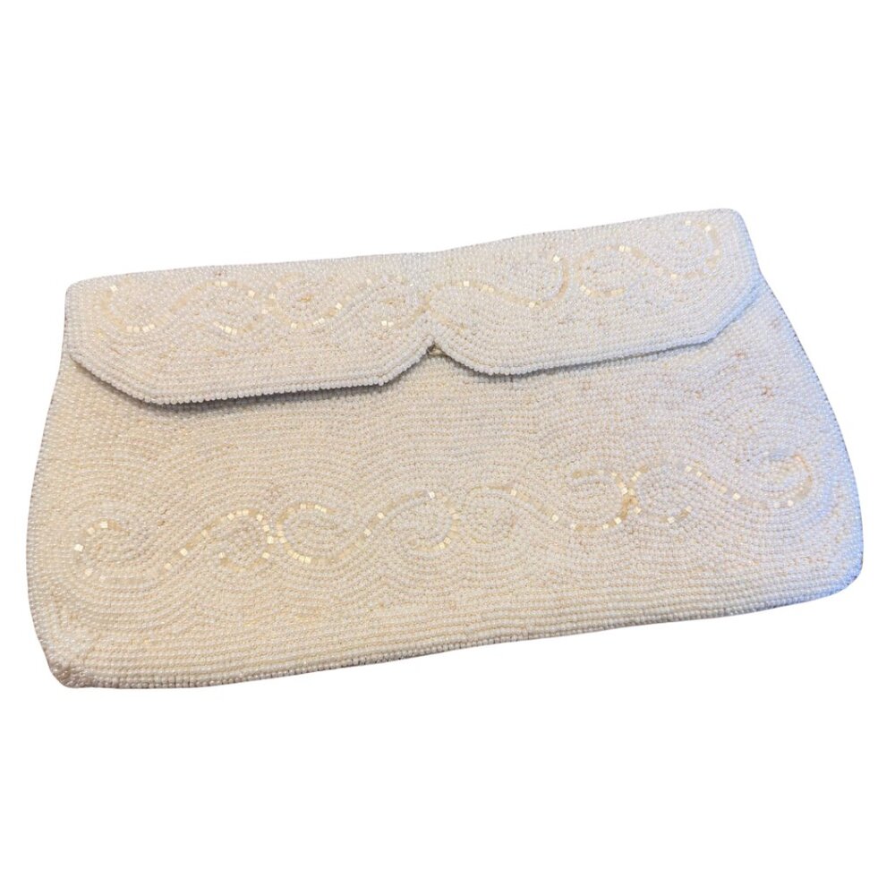 Vintage Dayne Taylor White Ivory Beaded Clutch Handmade in Japan Evening Bag